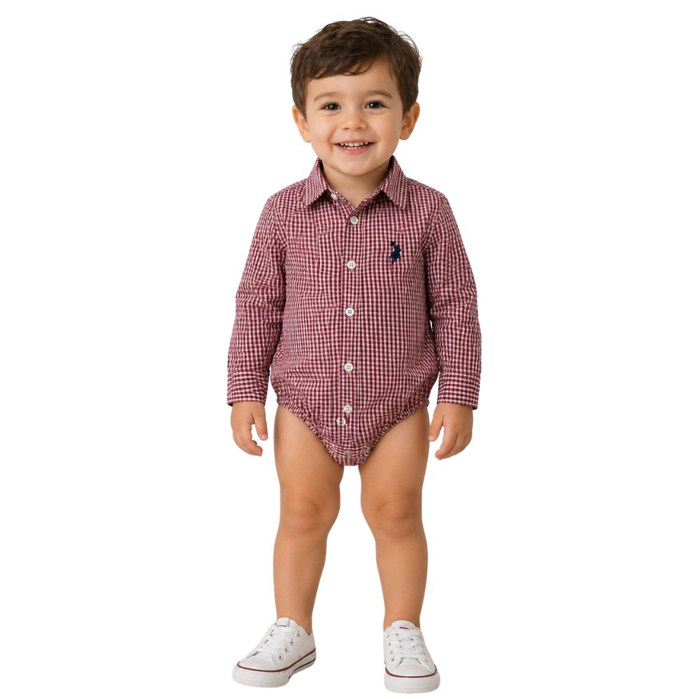 Body Infantil Baby Austin Western Manga Longa Estilo Camisa Bordô Com Logo Azul Marinho