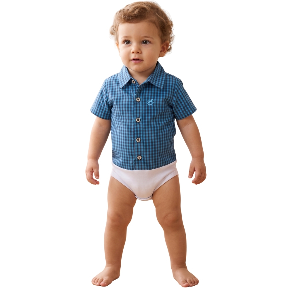 Body Infantil Baby Ranch Estilo Camisa Manga Curta Xadrez Azul/Azul Royal REF:4002
