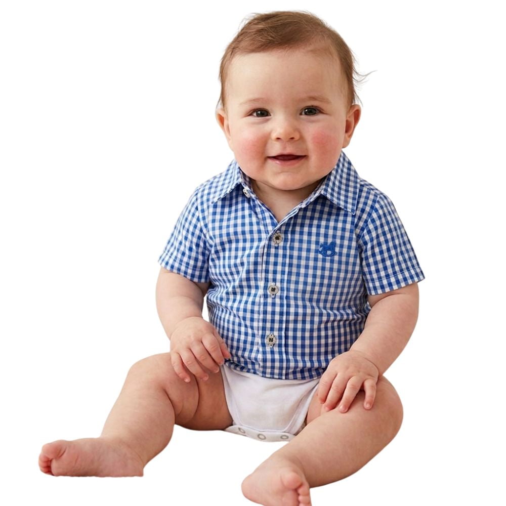 Body Infantil Baby Ranch Estilo Camisa Manga Curta Xadrez Azul Bic E Branco Com Logo Bordado Ref:4002