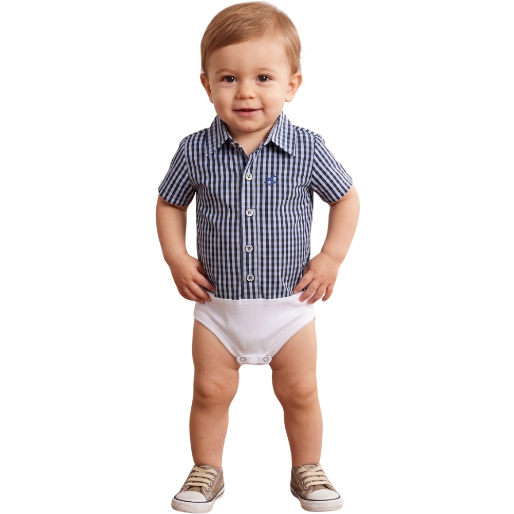 Body Infantil Baby Ranch Estilo Camisa Manga Curta Xadrez Azul/Cinza E Azul Claro REF:4002