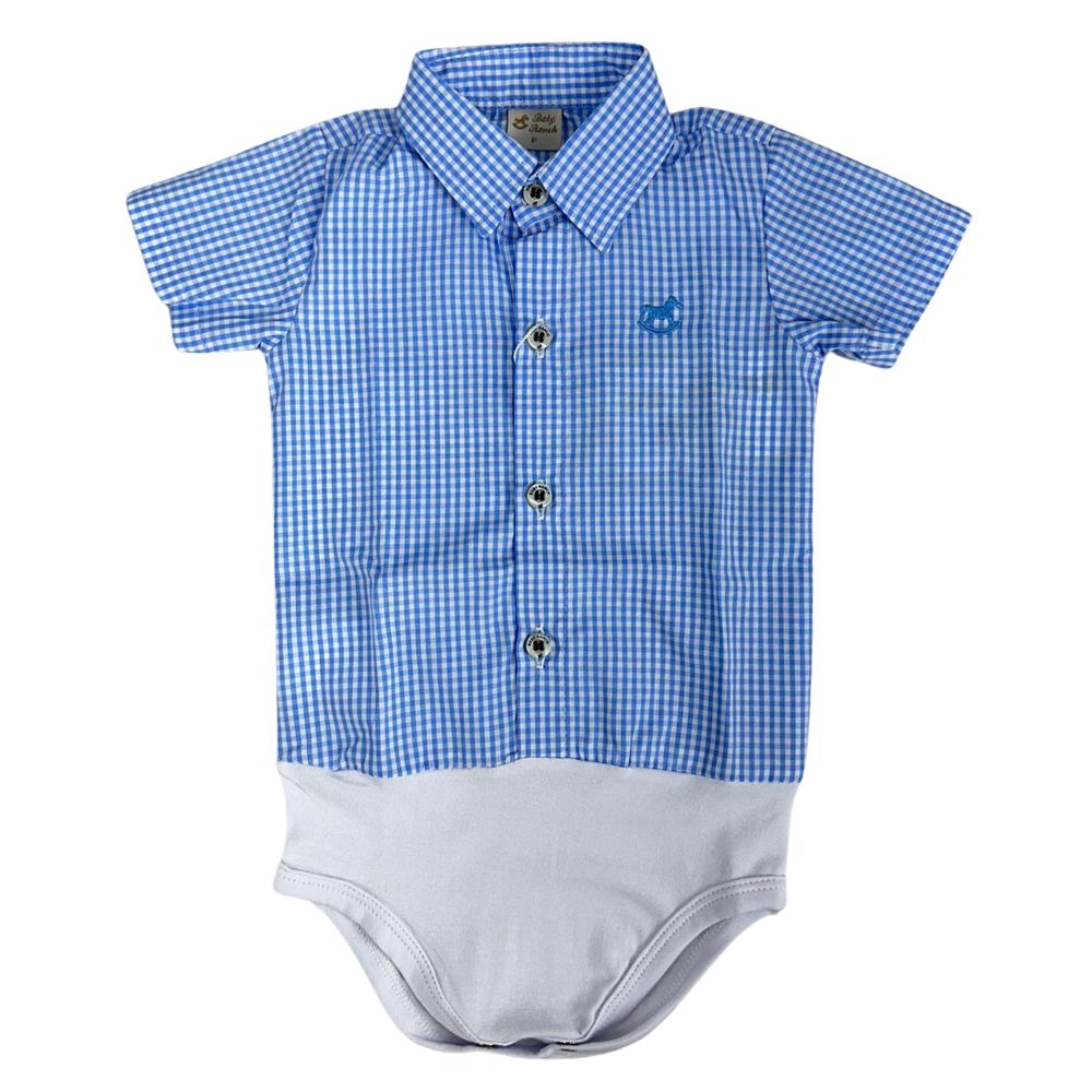 Body Infantil Baby Ranch Estilo Camisa Manga Curta Xadrez Azul Claro E Branco Ref:4002