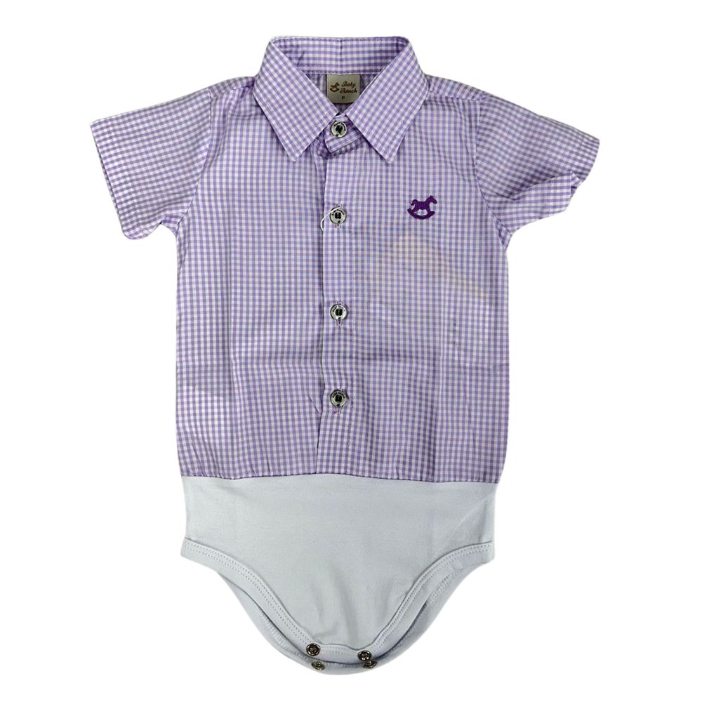 Body Infantil Baby Ranch Estilo Camisa Manga Curta Xadrez Lilás E Branco Ref:4002