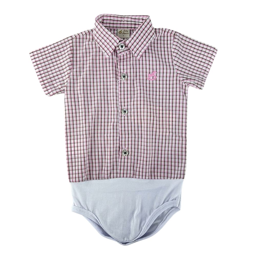 Body Infantil Baby Ranch Estilo Camisa Manga Curta Xadrez Marrom E Rosa REF: 4002