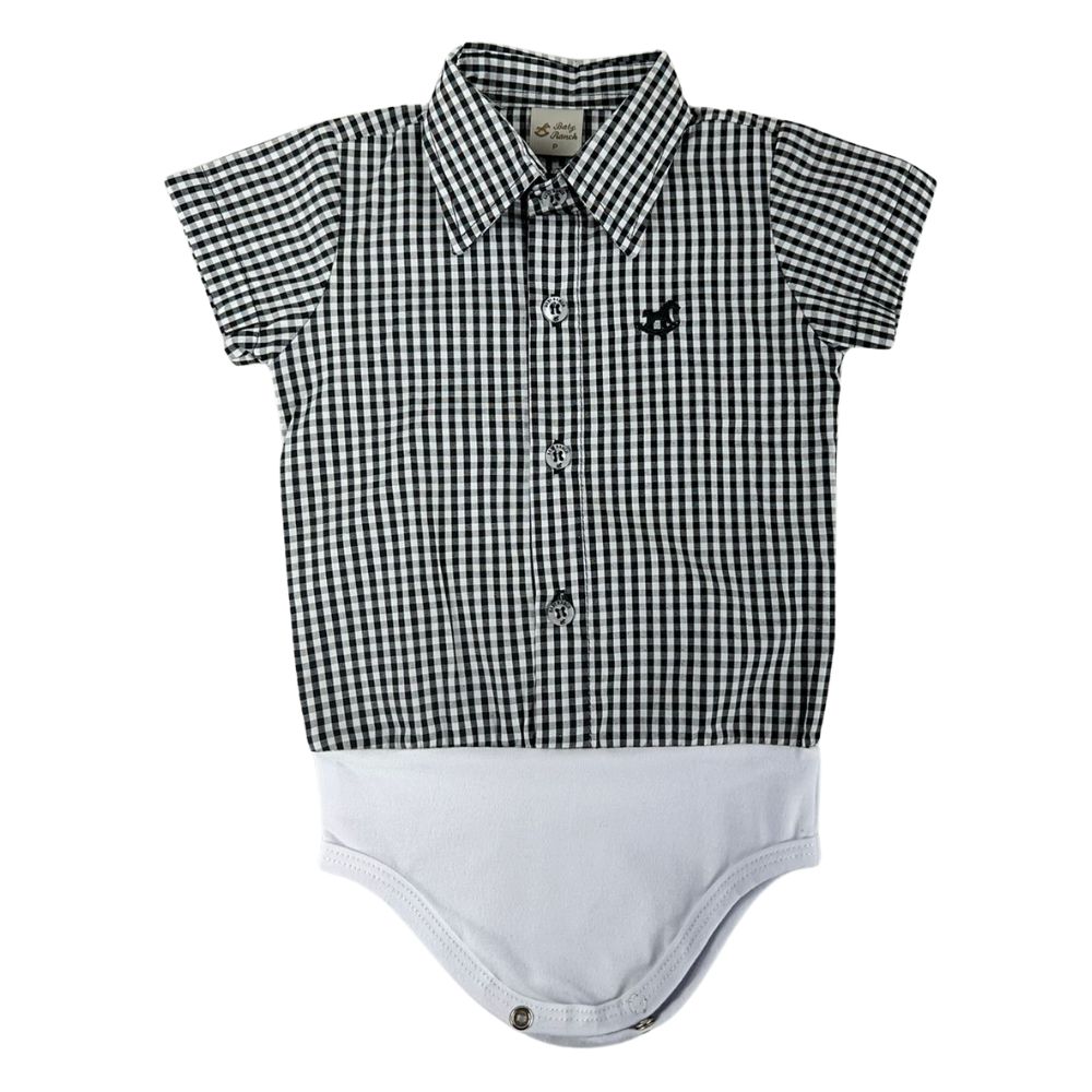 Body Infantil Baby Ranch Estilo Camisa Manga Curta Xadrez Preto E Branco Ref:4002