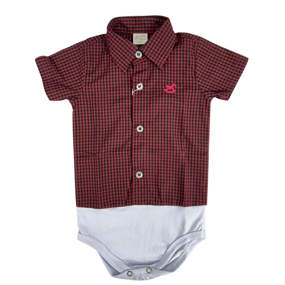 Body Infantil Baby Ranch Estilo Camisa Manga Curta Xadrez Preto E Vermelho Ref:4002