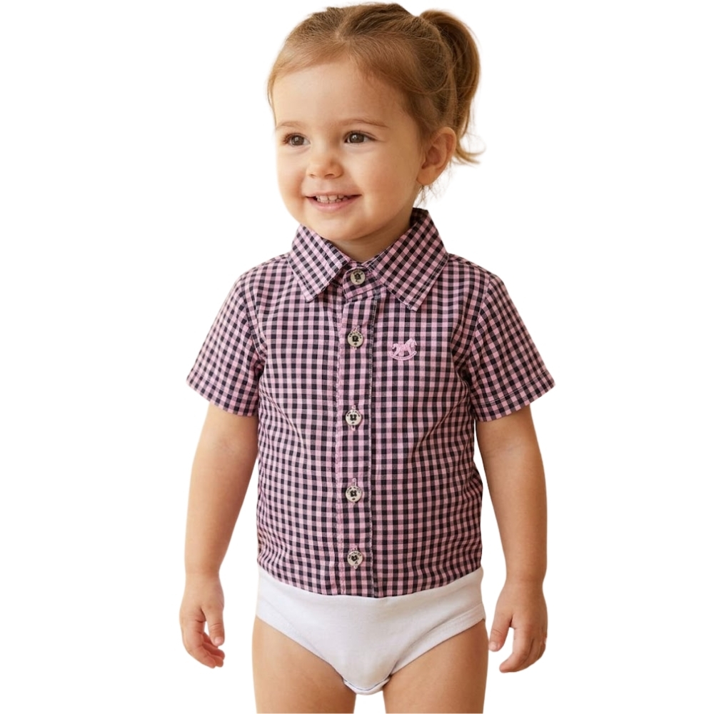 Body Infantil Baby Ranch Estilo Camisa Manga Curta Xadrez Preto/Rosa REF:4002