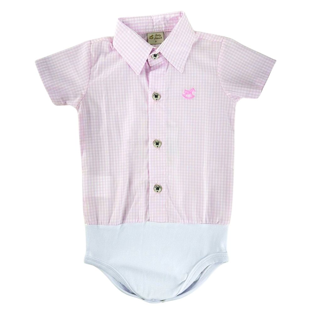 Body Infantil Baby Ranch Estilo Camisa Manga Curta Xadrez Rosa E Branco REF: 4002