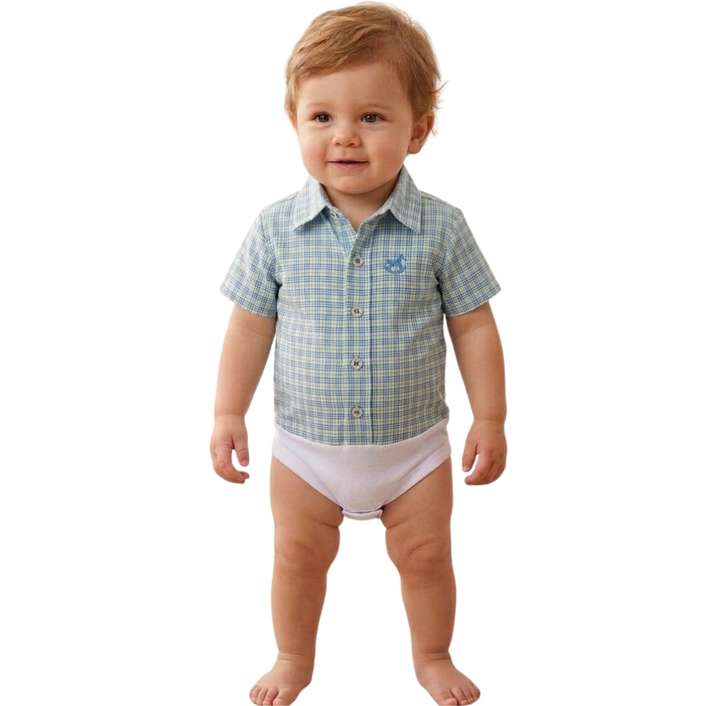 Body Infantil Baby Ranch Estilo Camisa Manga Curta Xadrez Verde Claro/Azul E Branco REF:4002