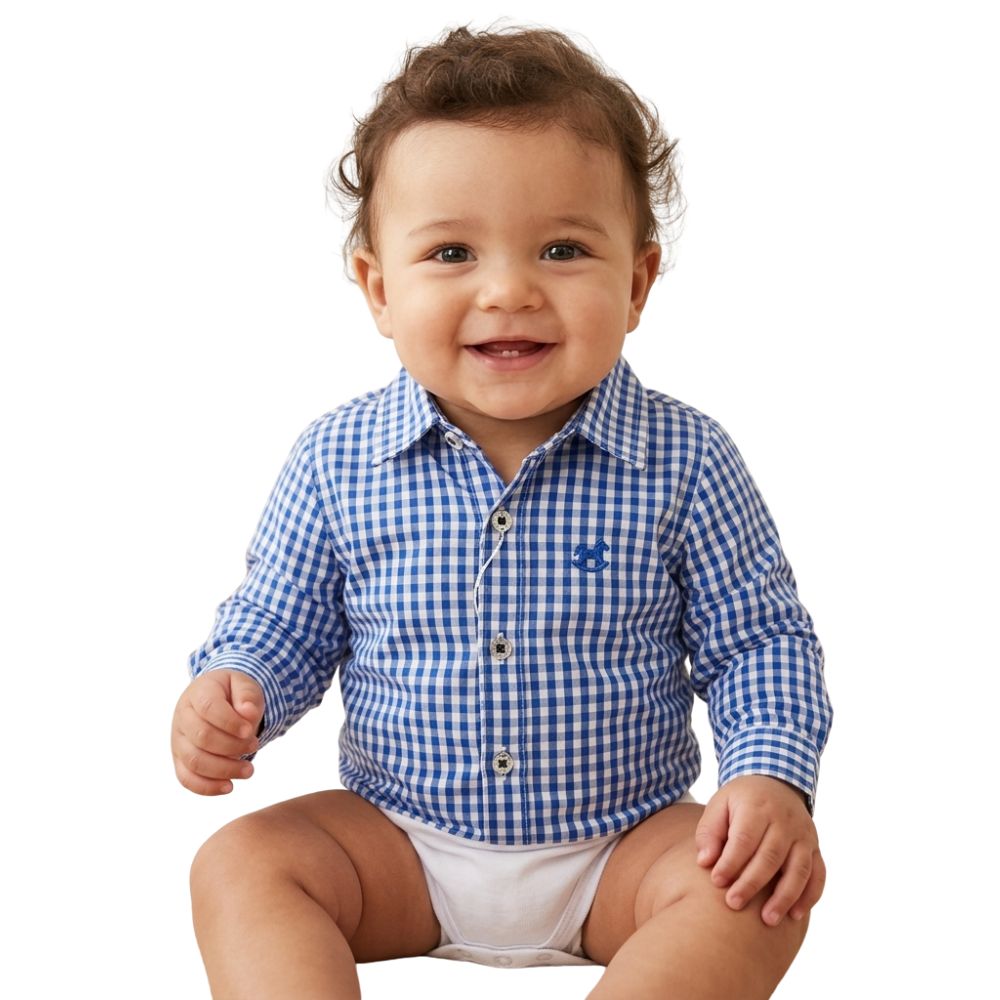 Body Infantil Baby Ranch Estilo Camisa Manga Longa Xadrez Azul Bic Branco Com Logo Bordado Ref:4001