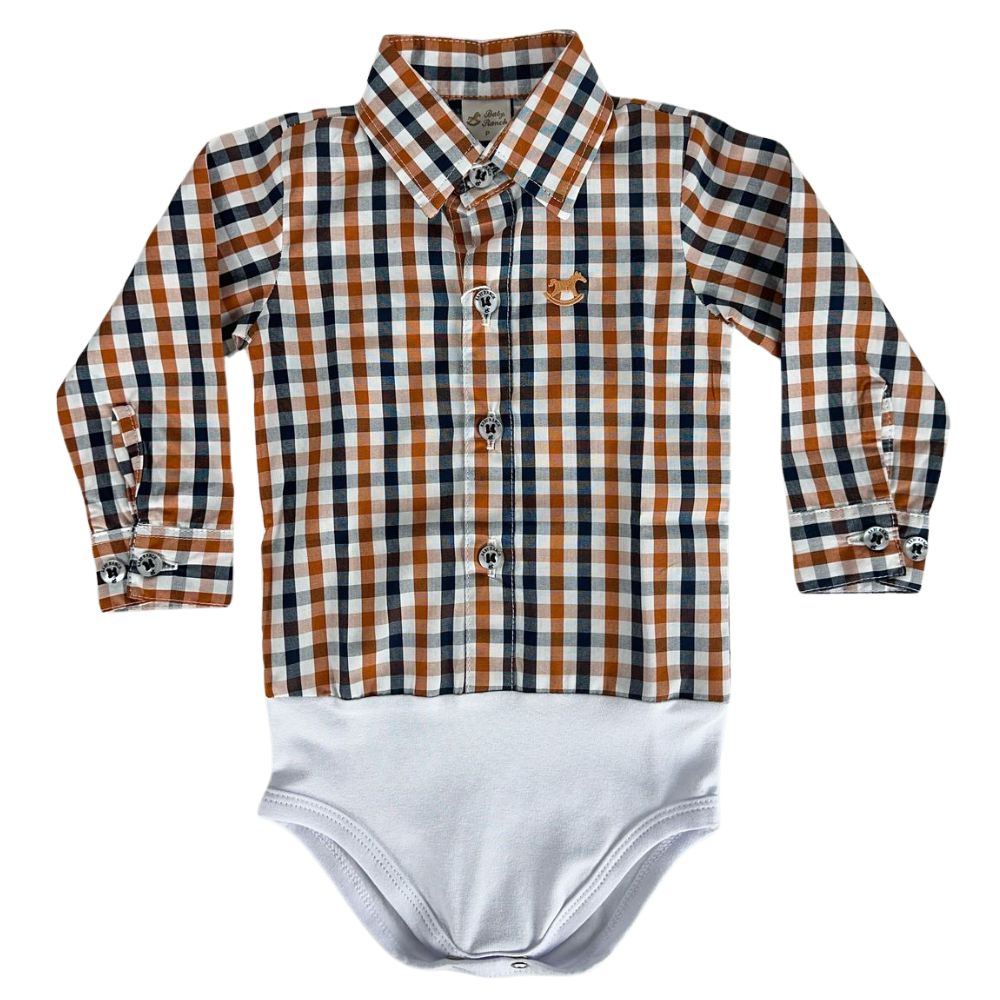 Body Infantil Baby Ranch Estilo Camisa Manga Longa Xadrez Azul/Branco/ Marrom Terra Com Logo Bordado Caramelo Ref:4001