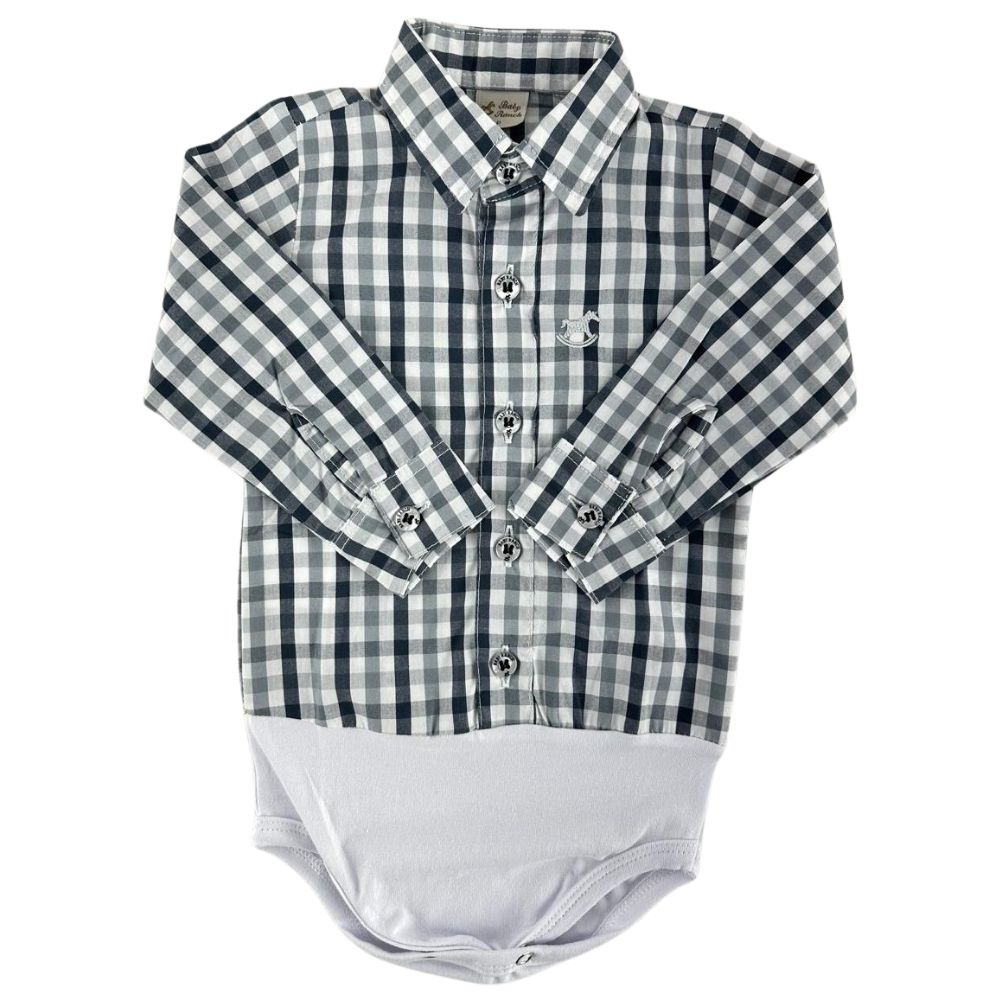 Body Infantil Baby Ranch Estilo Camisa Manga Longa Xadrez Cinza E Branco Logo Prata Ref:4001