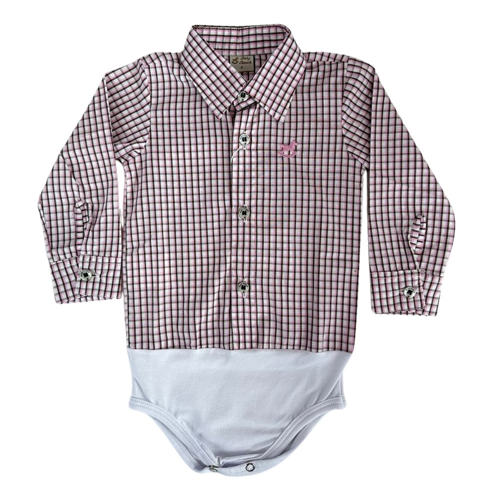 Body Infantil Baby Ranch Estilo Camisa Manga Longa Xadrez Marrom E Rosa Ref:4001