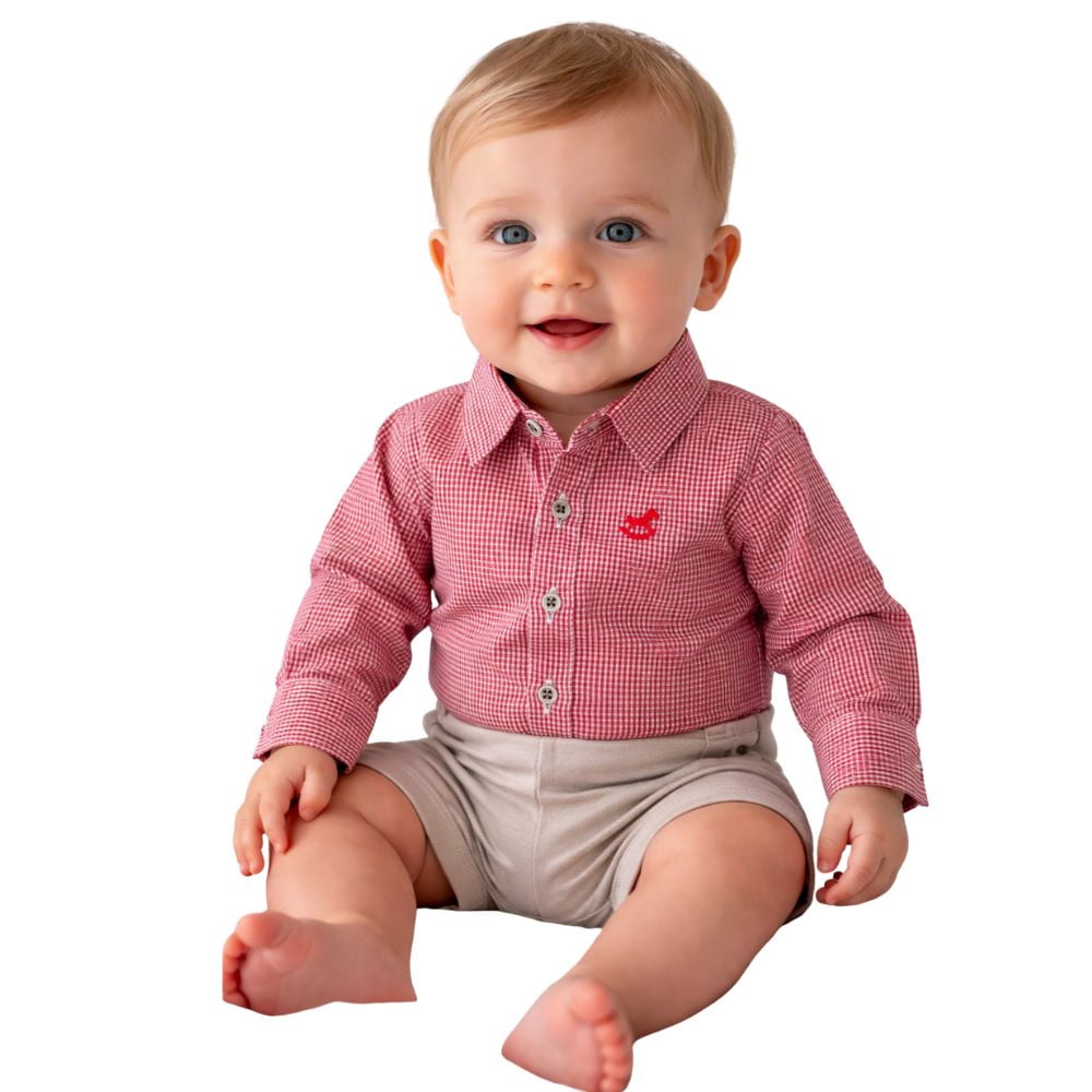 Body Infantil Baby Ranch Estilo Camisa Manga Longa Xadrez Pequeno Vermelho E Branco Com Logo Bordado Ref:4001