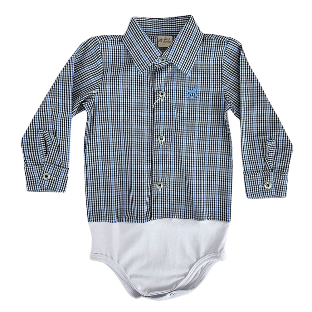 Body Infantil Baby Ranch Estilo Camisa Manga Longa Xadrez Preto E Azul Ref:4001