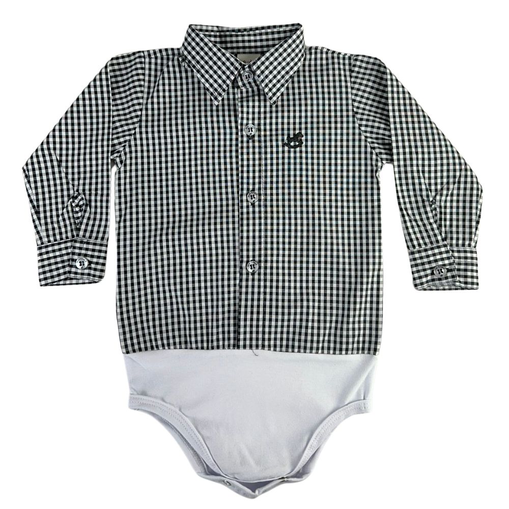 Body Infantil Baby Ranch Estilo Camisa Manga Longa Xadrez Preto E Branco Ref:4001