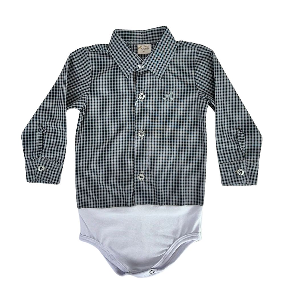 Body Infantil Baby Ranch Estilo Camisa Manga Longa Xadrez Preto E Cinza Ref:4001