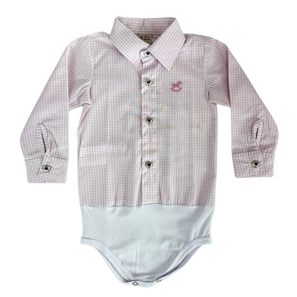 Body Infantil Baby Ranch Estilo Camisa Manga Longa Xadrez Rosa E Branco Ref:4001