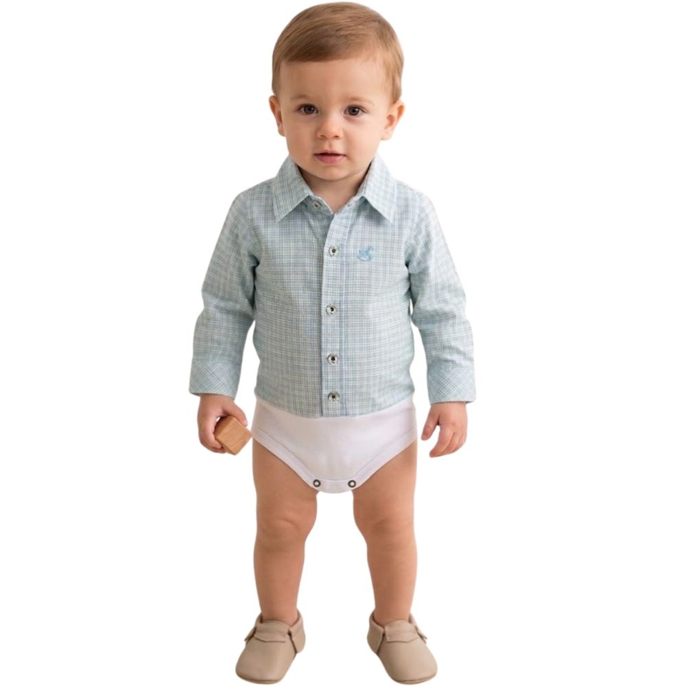 Body Infantil Baby Ranch Estilo Camisa Manga Longa Xadrez Verde Claro E Azul Claro Logo Azul Claro REF:4001
