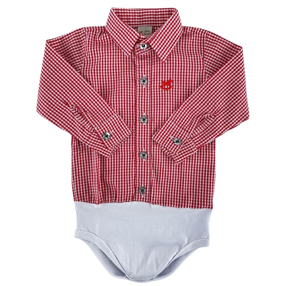 Body Infantil Baby Ranch Estilo Camisa Manga Longa Xadrez Vermelho E Branco Logo Vermelho Ref:4001