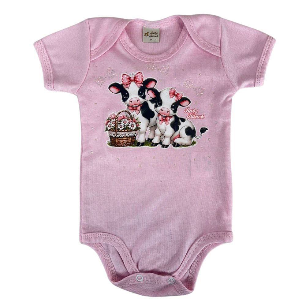 Body Infantil Baby Ranch Malha Manga Curta Feminino Rosa BB Com Estampa De Vaquinhas Ref:1406