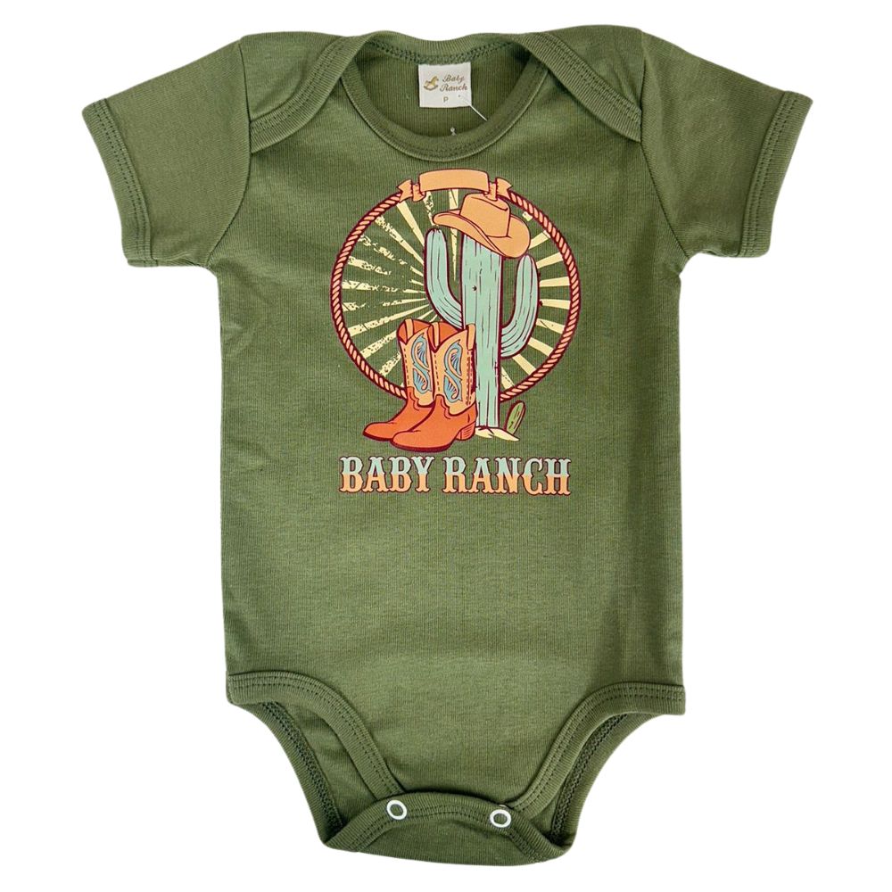 Body Infantil Baby Ranch Malha Manga Curta Masculino Verde Com Estampa Cactos Bota Chapéu Ref:1413