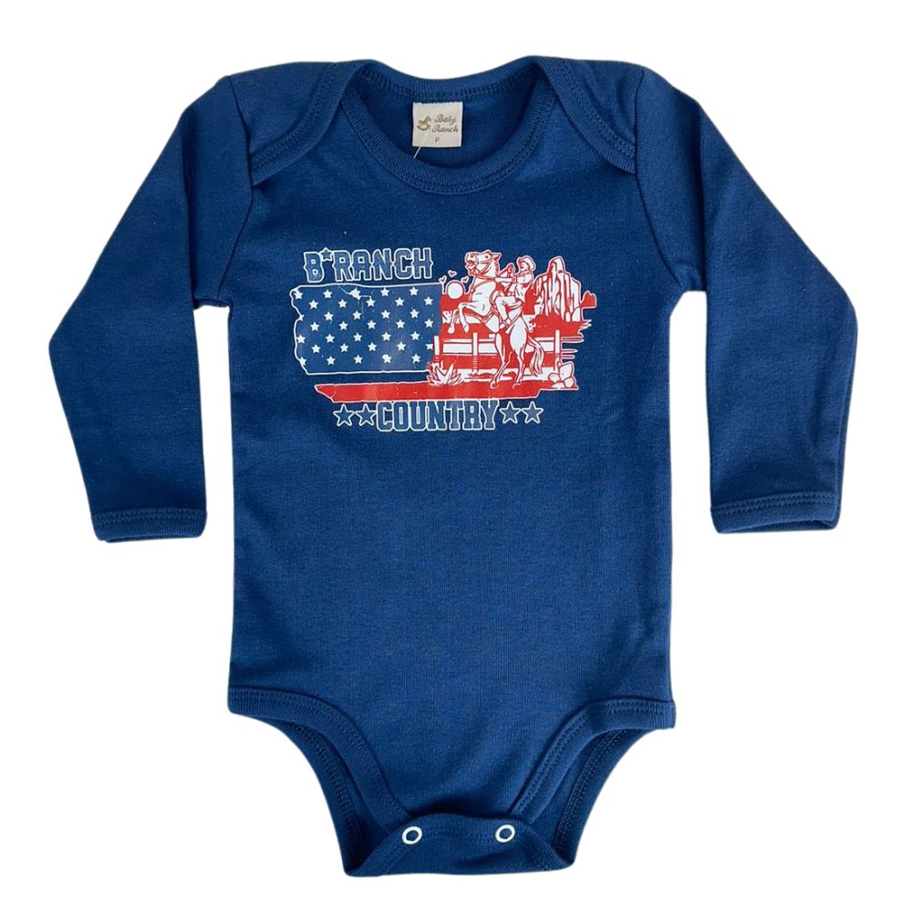 Body Infantil Baby Ranch Malha Manga Longa Masculino Azul Marinho Com Estampa Baby Ranch Country Ref:1401