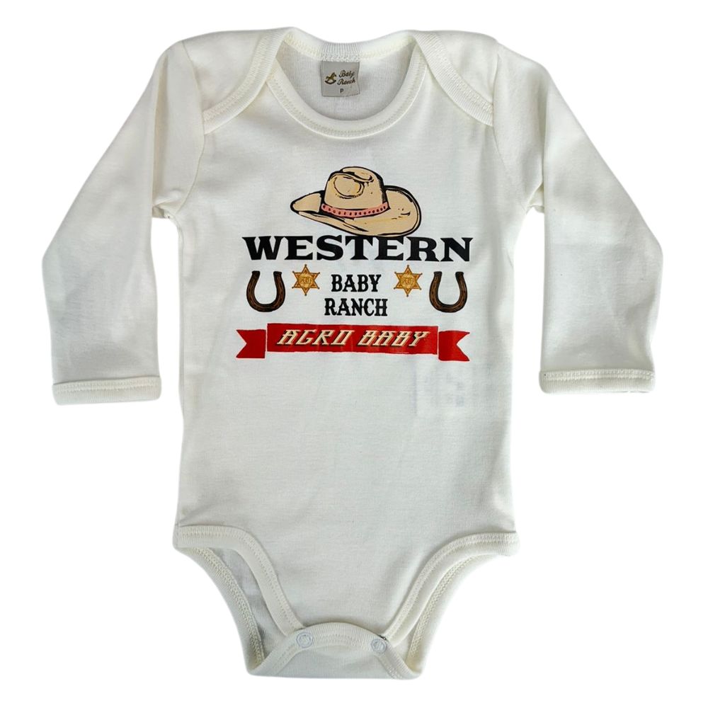 Body Infantil Baby Ranch Malha Manga Longa Masculino Pérola Com Estampa Chapéu Western Ref:1414
