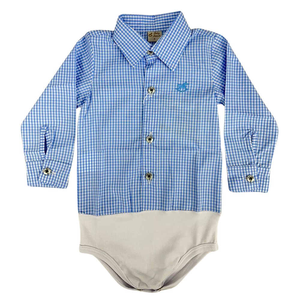 Body Infantil Baby Ranch Manga Longa Estilo Camisa Xadrez Azul Claro E Branco Ref:4001