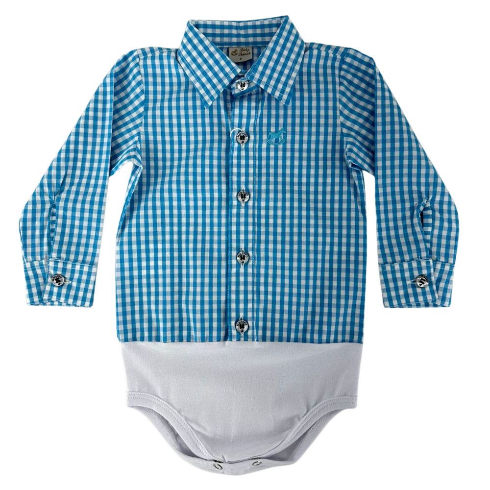 Body Infantil Baby Ranch Manga Longa Estilo Camisa Xadrez Azul Claro E Branco Ref:4001