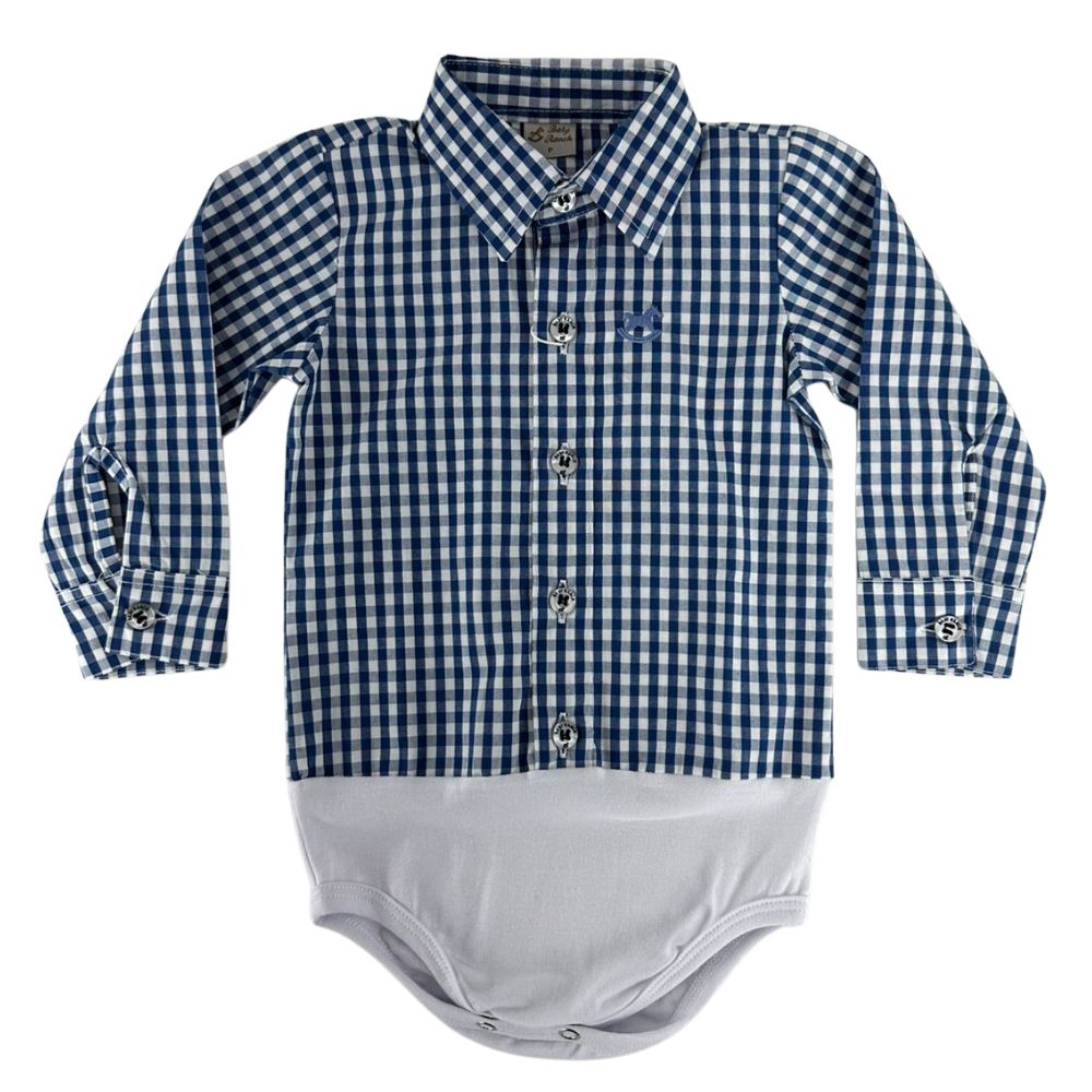 Body Infantil Baby Ranch Manga Longa Estilo Camisa Xadrez Azul Escuro E Branco Ref:4001
