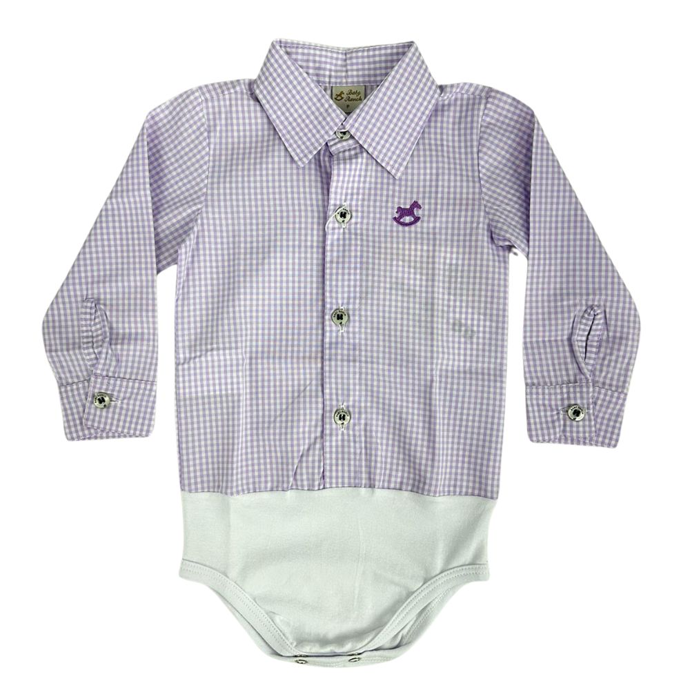 Body Infantil Baby Ranch Manga Longa Estilo Camisa Xadrez Lilás E Branco Ref:4001