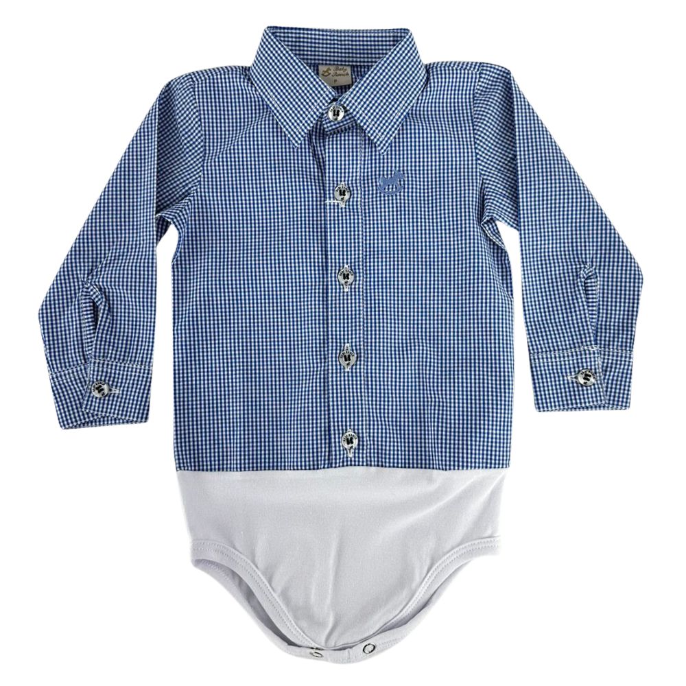 Body Infantil Baby Ranch Manga Longa Estilo Camisa Xadrez Pequeno Azul E Branco Ref:4001