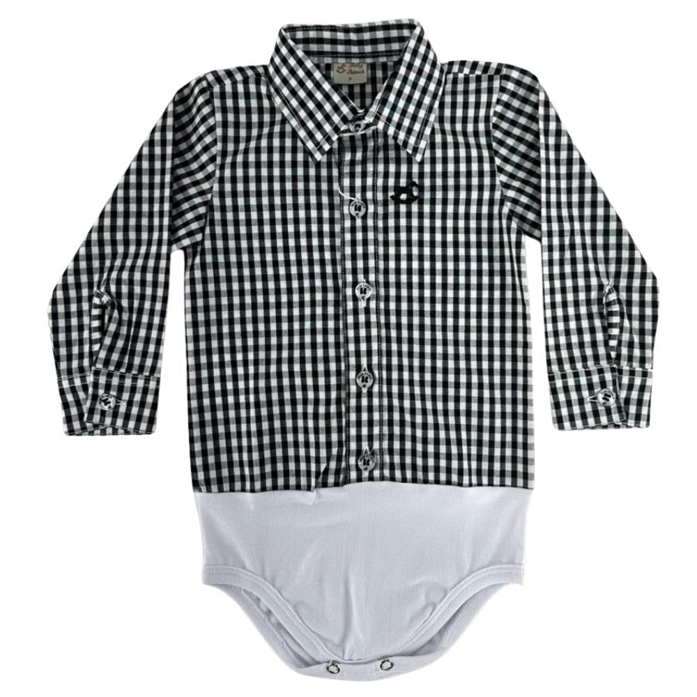 Body Infantil Baby Ranch Manga Longa Estilo Camisa Xadrez Preto E Branco Ref:4001