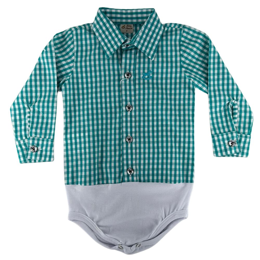 Body Infantil Baby Ranch Manga Longa Estilo Camisa Xadrez Verde E Branco Ref:4001