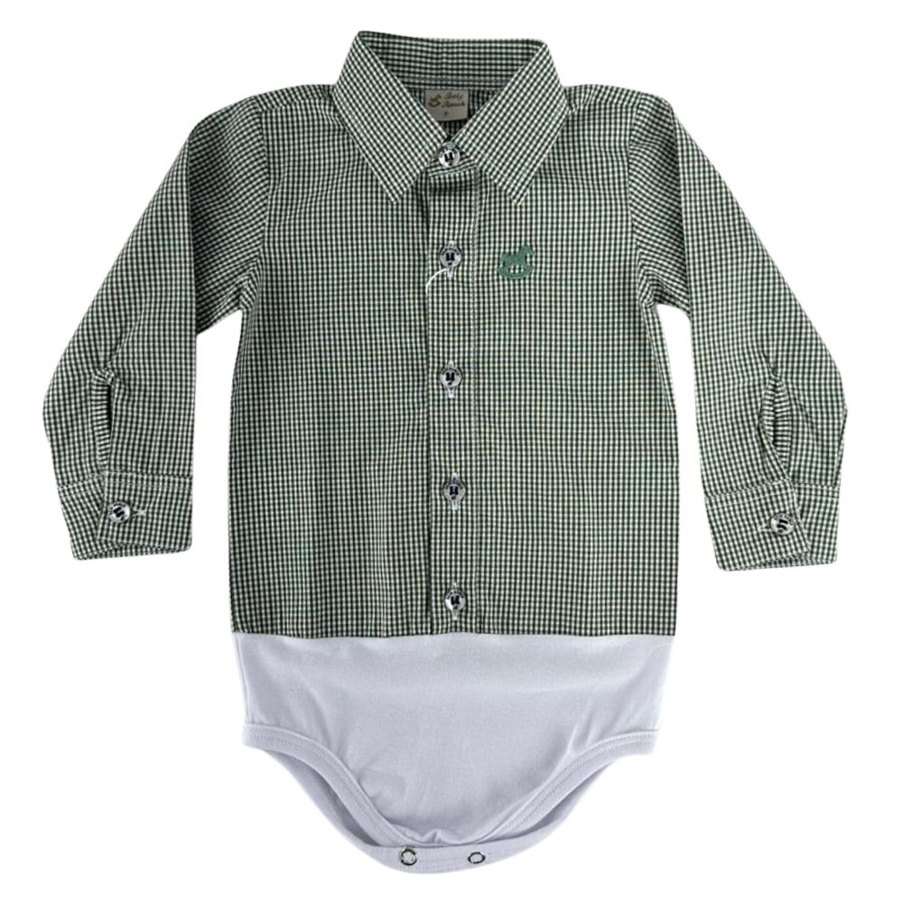 Body Infantil Baby Ranch Manga Longa Estilo Camisa Xadrez Verde Musgo Ref:4001