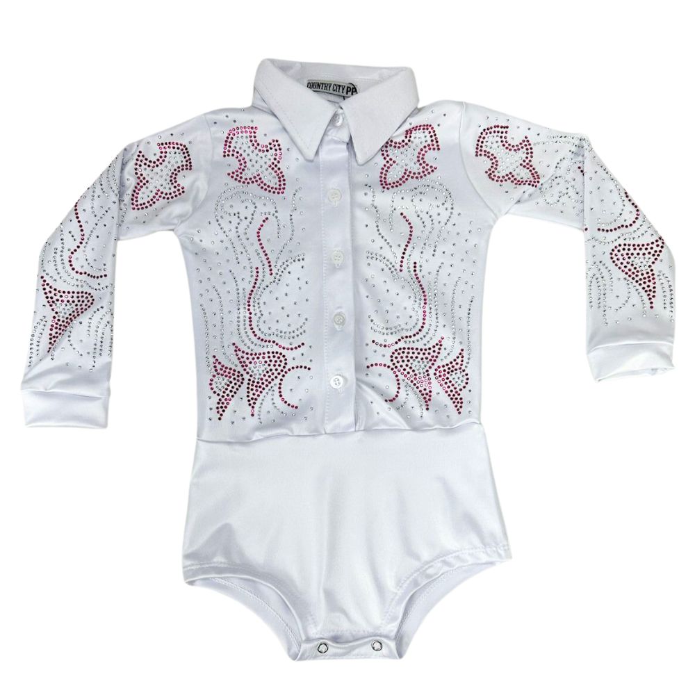 Body Infantil Country City Branco Manga Longa Com Colarinho E Bordado Com Pedras Brilhantes Rosa Layla Filha Ref:037