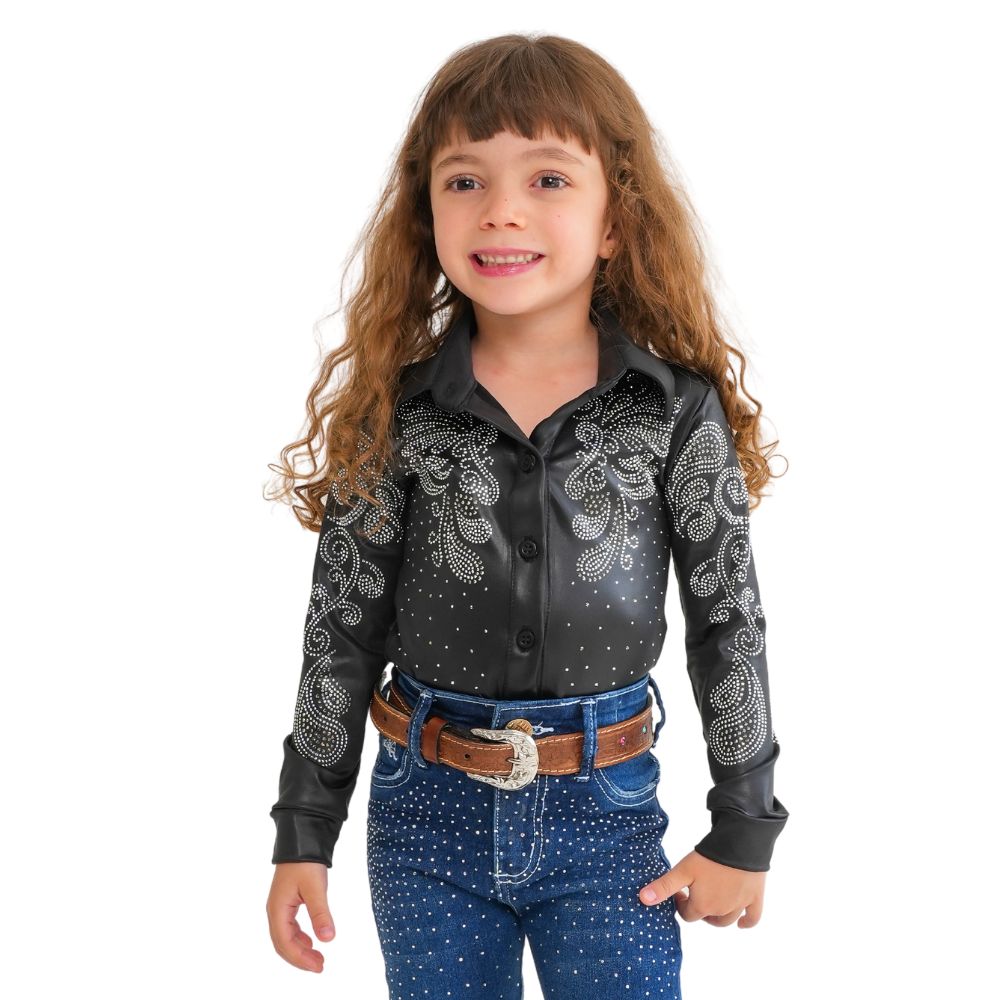 Body Infantil Country City Preta Manga Longa Com Bordados Com Brilho Em Arabescos Ref:321 LISS