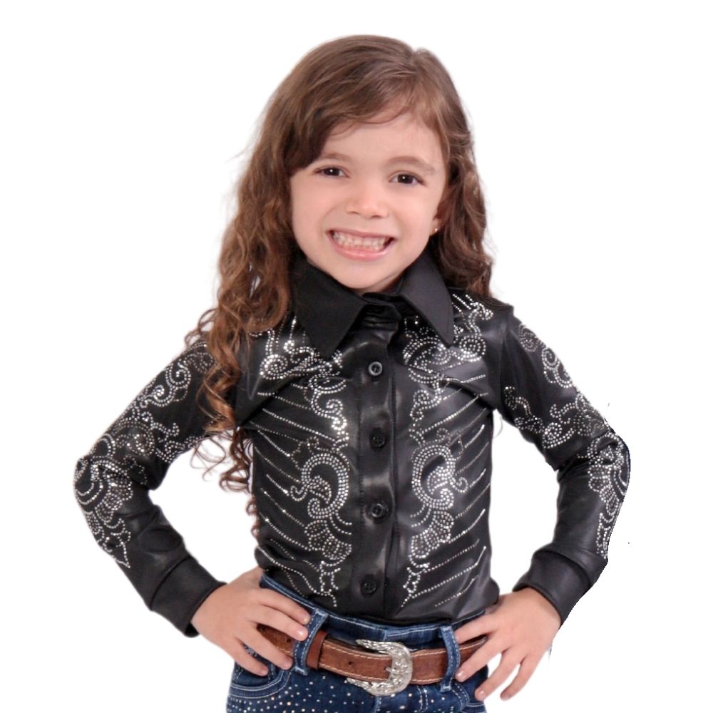 Body Infantil Country City Preto Manga Longa Com Bordados Com Brilhos e Arabescos Ref.307 Belinha