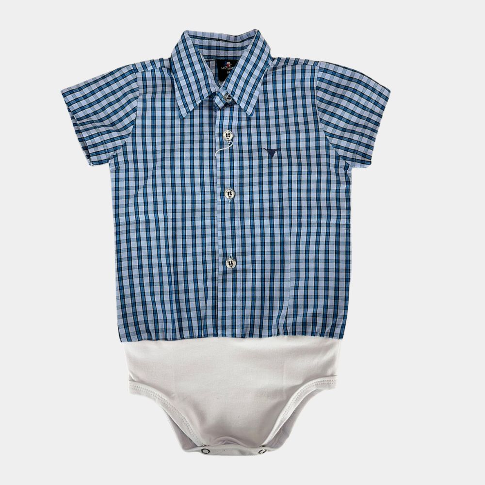 Body Infantil Laço Forte Estilo Camisa Manga Curta Xadrez Azul Claro/Azul Royal Com Logo Azul Ref:408