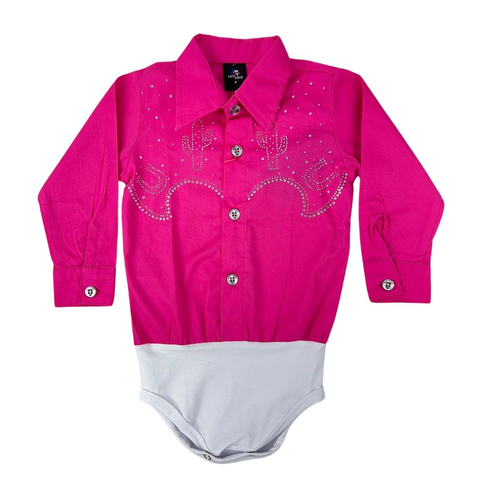 Body Infantil Laço Forte Estilo Camisa Manga Longa Pink Com Pedraria Em Formato De Cactus Ref:432