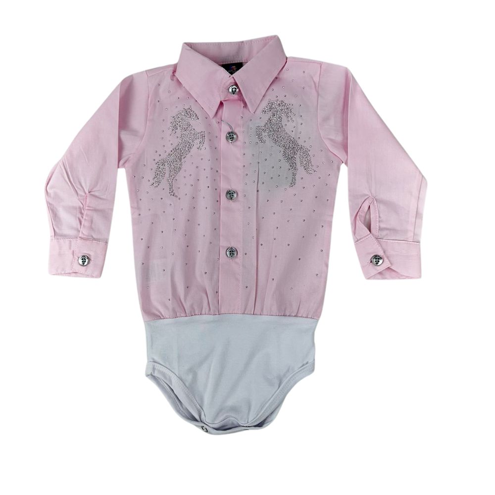 Body Infantil Laço Forte Estilo Camisa Manga Longa Rosa Bebe Com Pedraria Em Formato De Cavalos Ref:432