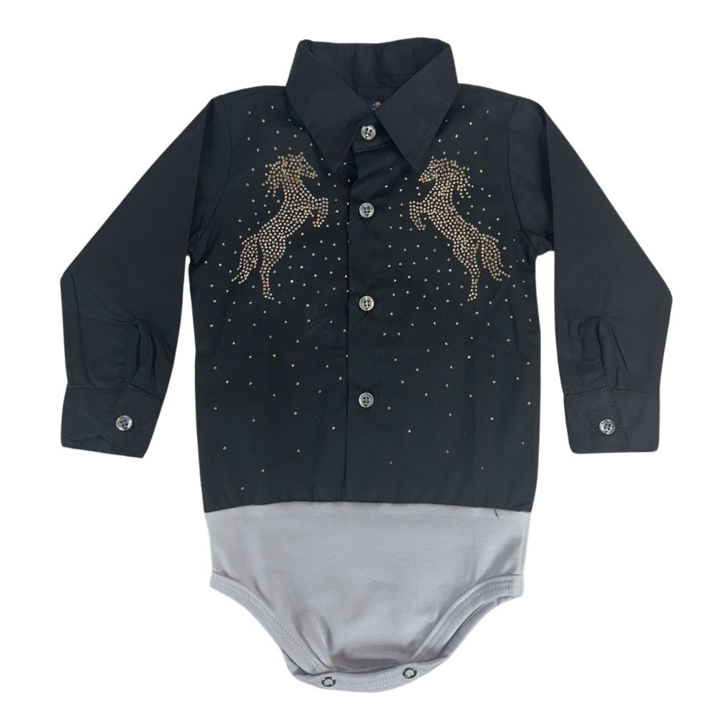 Body Infantil Laço Forte Modelo Camisa Manga Longa Preto Com Pedraria Dourada Desenho Cavalo Ref:432