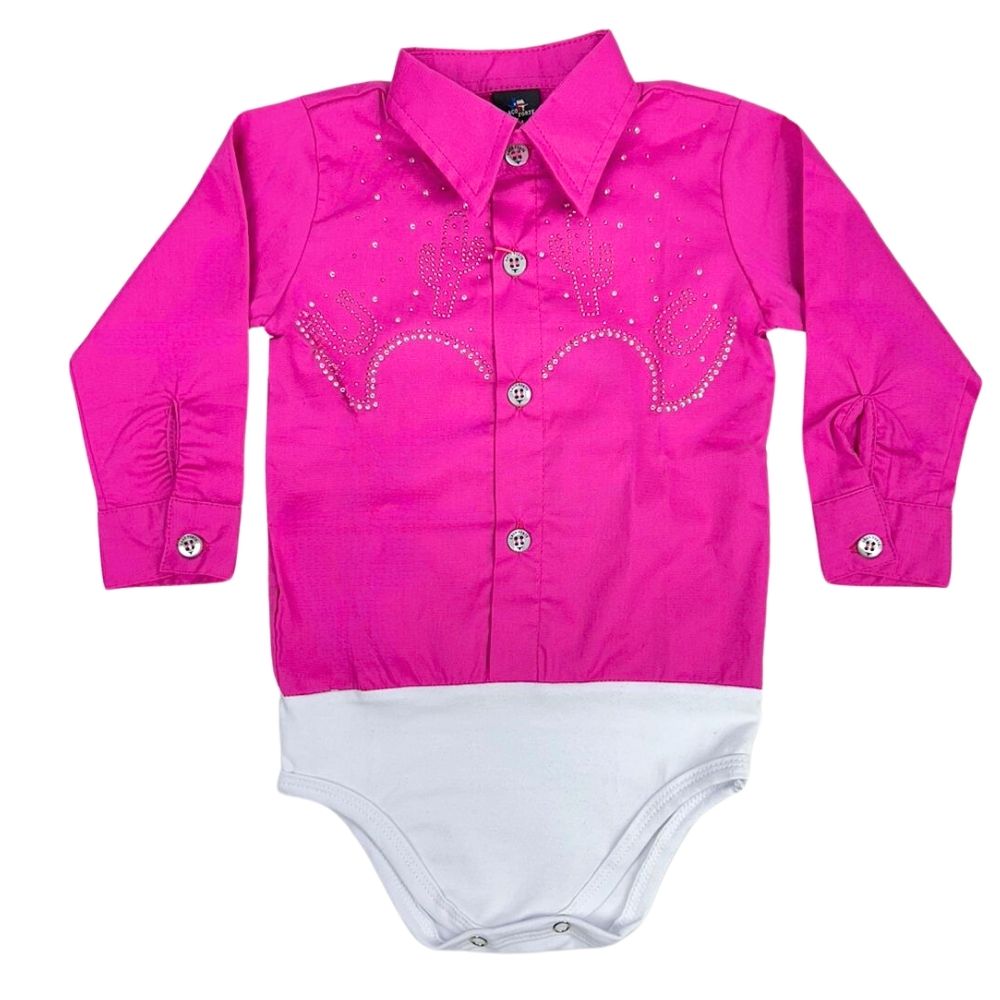 Body Infantil Laço Forte Modelo Camisa Manga Longa Rosa Maravilha Com Bordado De Cactus Com Strass Ref.432