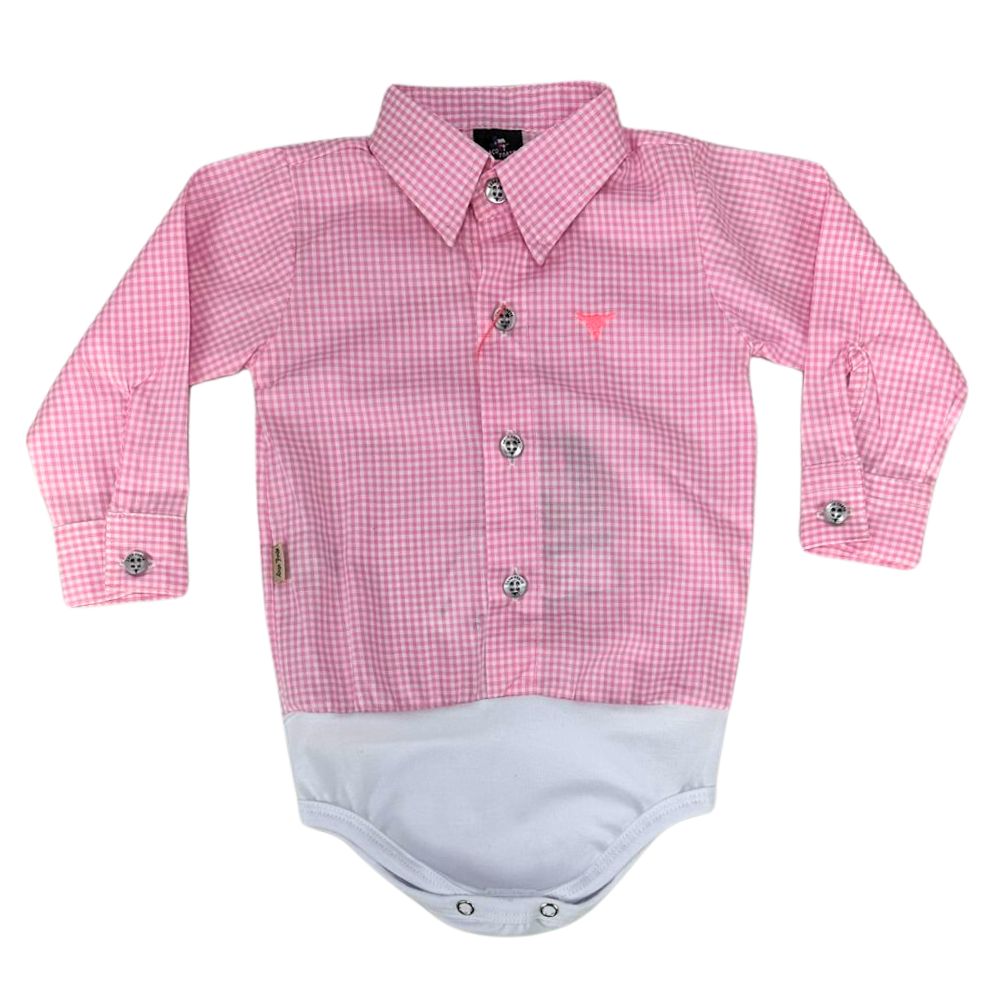 Body Infantil Laço Forte Xadrez Rosa/Branco Manga Longa Logo Rosa Ref:396