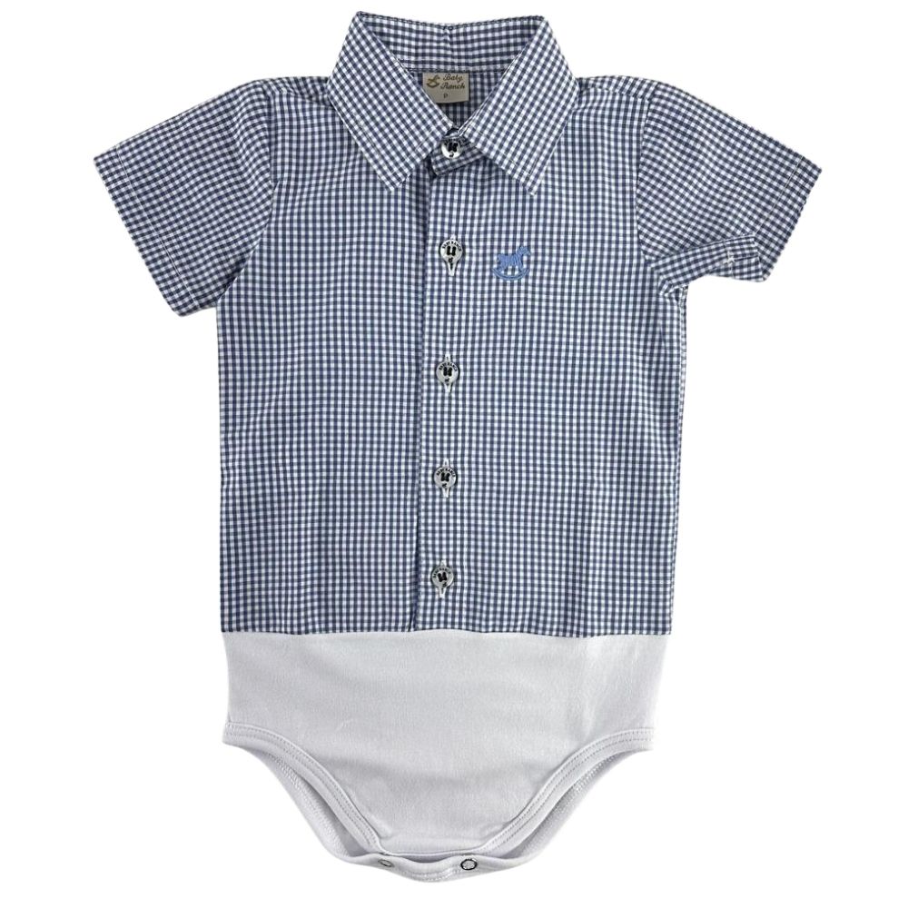 Body Infantil Baby Ranch Estilo Camisa Manga Curta Xadrez Azul Logo Azul Ref: 4002