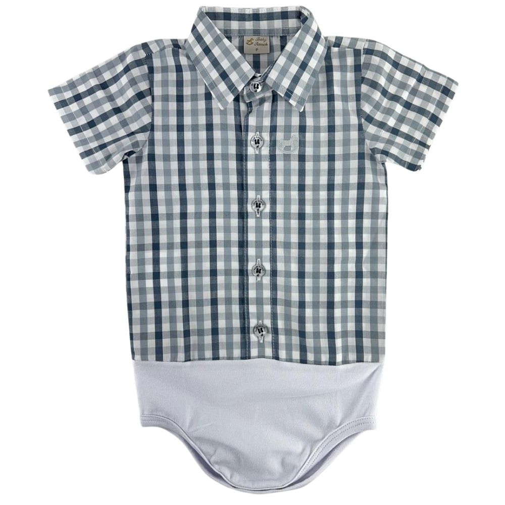 Body Infantil Baby Ranch Estilo Camisa Manga Curta Xadrez Cinza Logo Prata Ref: 4002