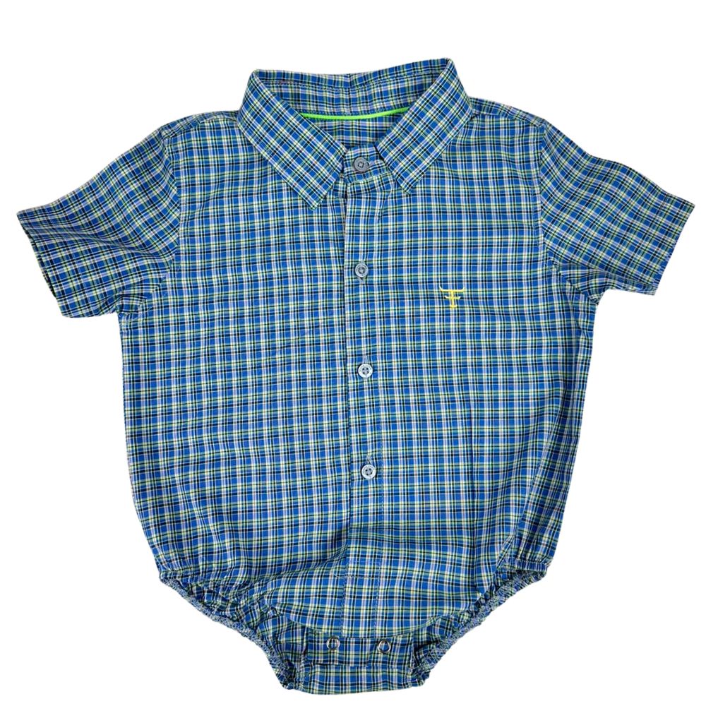 Body Infantil Texas Farm Manga Curta Estilo Camisa Xadrez Azul/Verde Com Logo Amarelo Ref:DIVBD