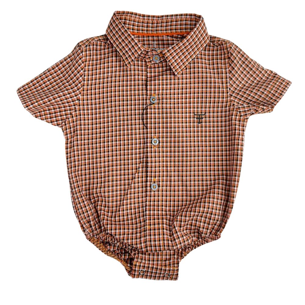 Body Infantil Texas Farm Manga Curta Estilo Camisa Xadrez Laranja/Preto Com Logo Preto Ref:DIVBD