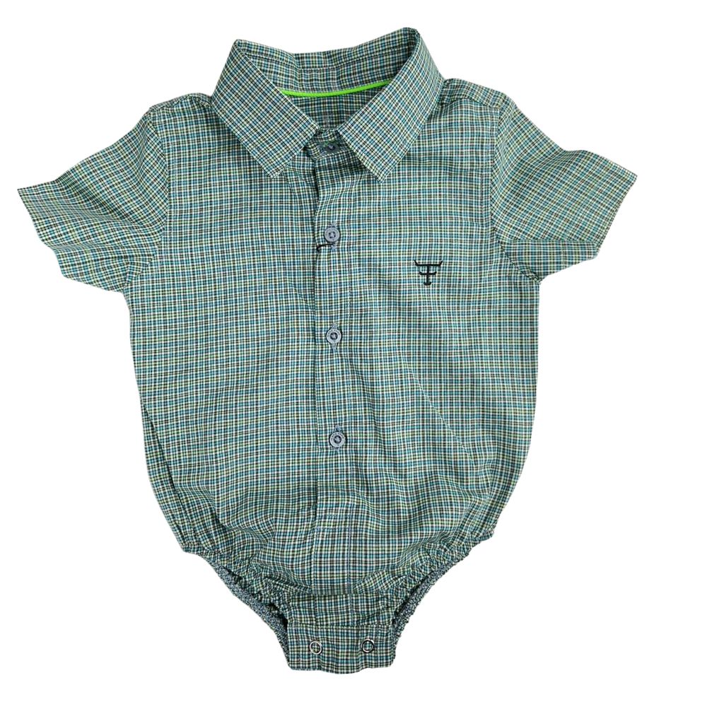 Body Infantil Texas Farm Manga Curta Estilo Camisa Xadrez Verde/Preto Com Logo Verde Ref:DIVBD