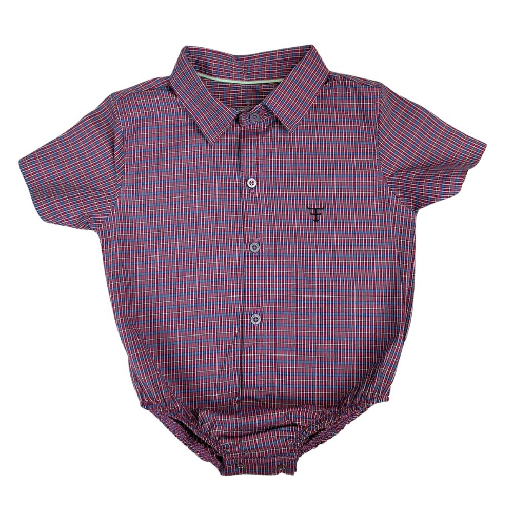 Body Infantil Texas Farm Manga Curta Estilo Camisa Xadrez Vermelho/Azul Com Logo Preto Ref:DIVBD